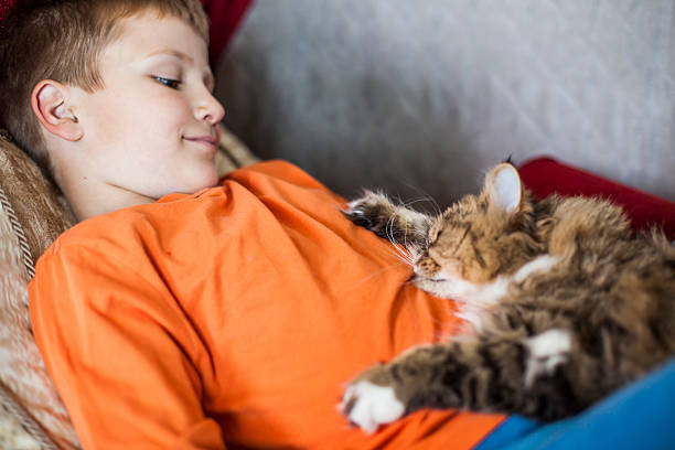 istock Boy and persian cat  together on the couch 475243926