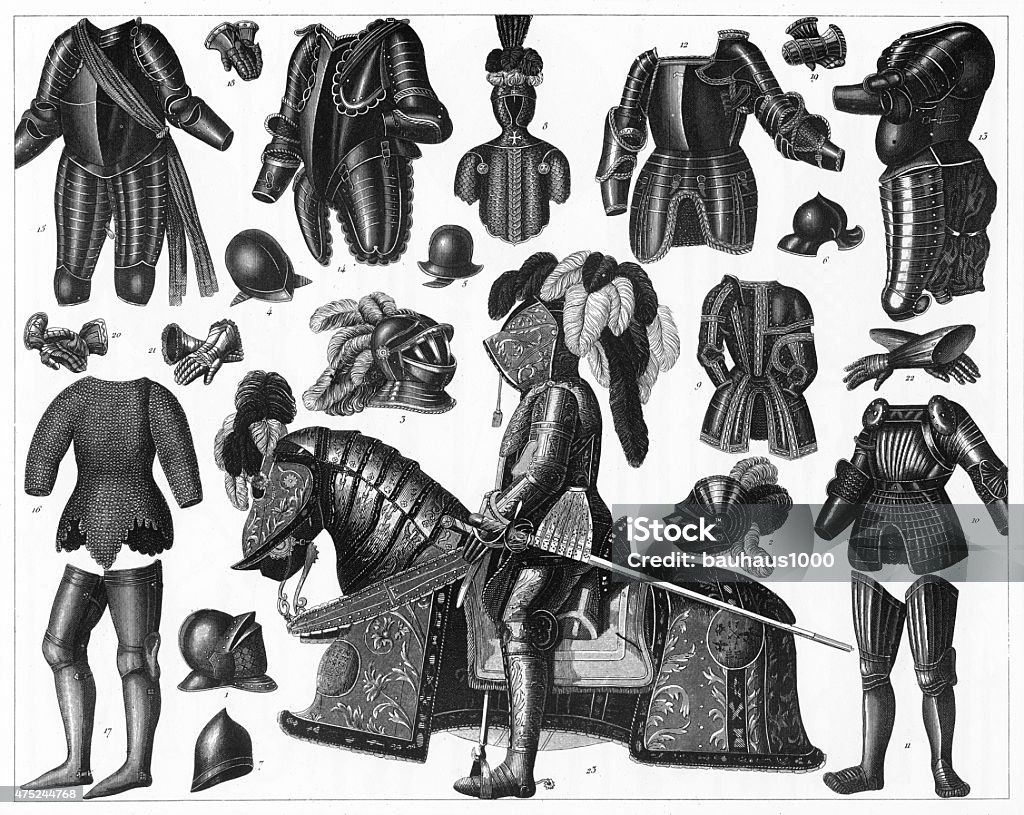 Medieval and Middle Ages Body Armor Engraving Engraved illustrations of Medieval and Middle Ages Body Armor from Iconographic Encyclopedia of Science, Literature and Art, Published in 1851. Copyright has expired on this artwork. Digitally restored. Etching stock illustration