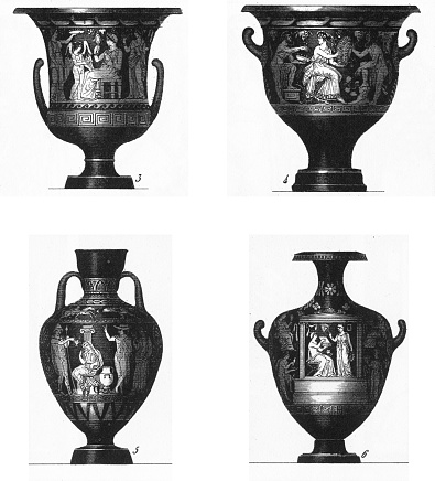 Engraved illustrations of Ancient Grecian and Egyptian Urn Engravings and Ancient Wall and Vase Painting Engraving from Iconographic Encyclopedia of Science, Literature and Art, Published in 1851. Copyright has expired on this artwork. Digitally restored.