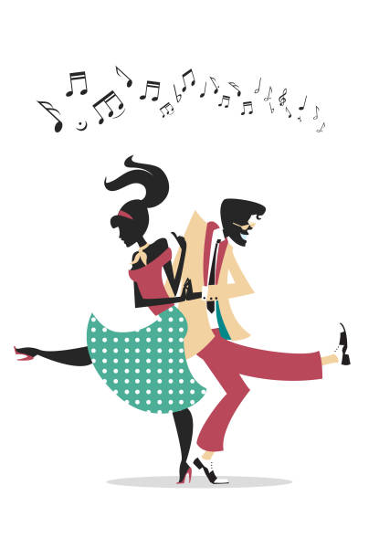ilustraciones, imágenes clip art, dibujos animados e iconos de stock de rock n roll pareja en silueta - dancing swing dancing 1950s style couple