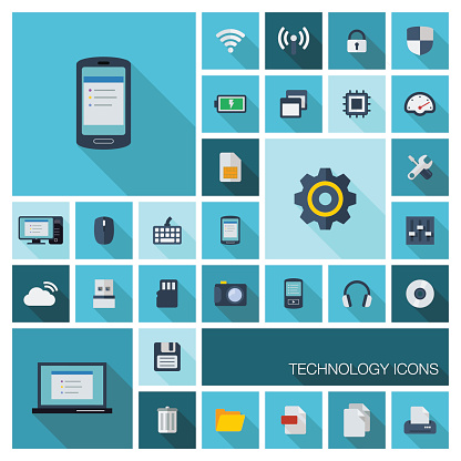 Vector illustration of flat color icons with long shadow. Abstract technology background. Digital concept with mobile phone, laptop, cloud computing, cogwheel, settings, network and media symbols.
