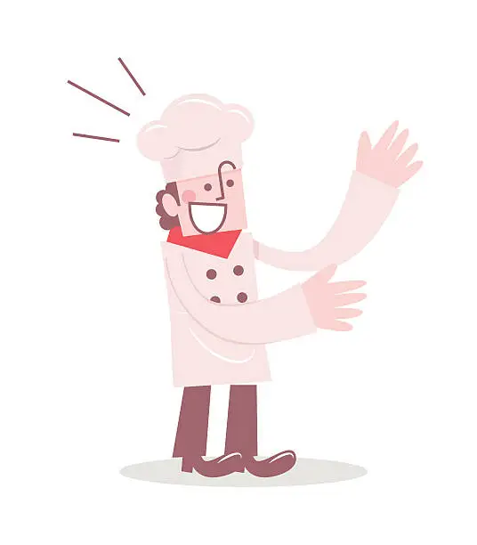 Vector illustration of Happy chef in chef's hat and uniform showing introduce gesture