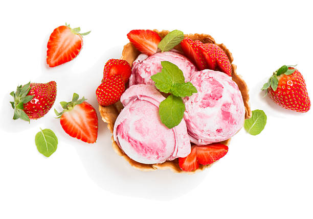 Strawberry ice cream in a wafer bowl, view from above