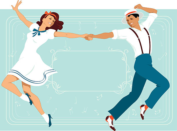 illustrazioni stock, clip art, cartoni animati e icone di tendenza di in stile broadway - 1950s style couple old fashioned heterosexual couple