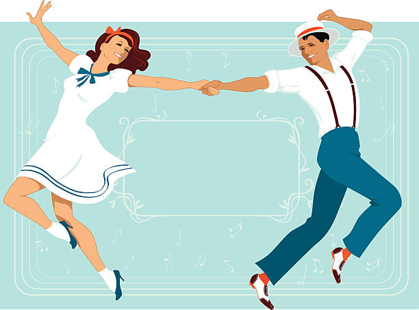 Broadway style Young couple dressed in 1940s style fashion dancing Broadway style, horizontal frame with copy space on the background, vector illustration, no transparencies, EPS 8 1940s style stock illustrations
