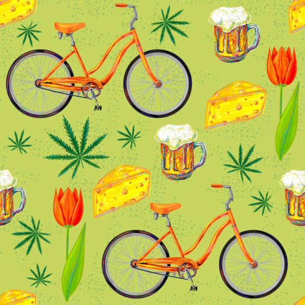 Netherlands seamless pattern Netherlands seamless pattern with bicycle, cheese, beer, marijuana cannabis leafs and spring tulips. Perfect for wallpapers, pattern fills, web page backgrounds, surface textures, textile tree repetition single flower flower stock illustrations