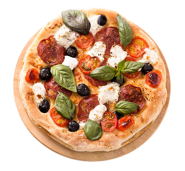 istock Pizza with salami and mozzarella top view isolated 475252884