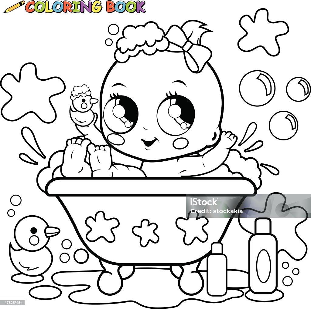 Baby girl taking a bath coloring page Vector illustration of a cute baby girl in a tub taking a bubble bath and playing with her rubber duck toy. Coloring book black and white page. 12-17 Months stock vector