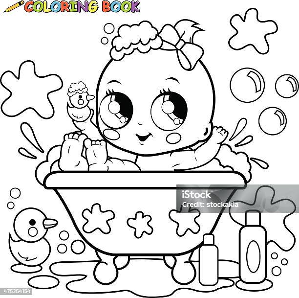 Baby Girl Taking A Bath Coloring Page Stock Illustration - Download Image Now - 12-17 Months, 2015, Baby - Human Age