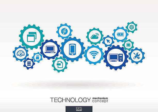 Technology integrated icons set. Vector gear mechanism connection concept illustration Technology mechanism concept. Abstract background with integrated gears and icons for digital, internet, network, connect, communicate, social media and global concepts. Vector infograph illustration gear mechanism stock illustrations