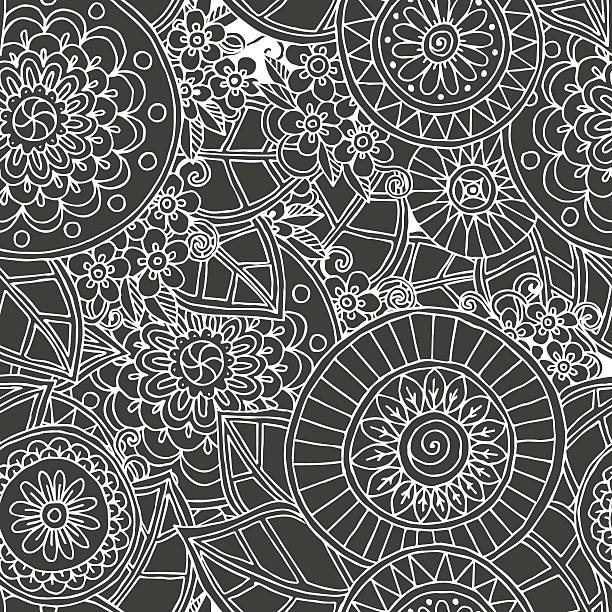 illustrazioni stock, clip art, cartoni animati e icone di tendenza di motivo floreale senza soluzione di continuità doodle retrò sfondo bianco e nero motivo - circle food fabric swatch color swatch