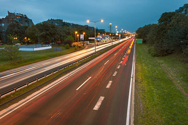 istock Long exposure photo on a highway at dusk 475258544