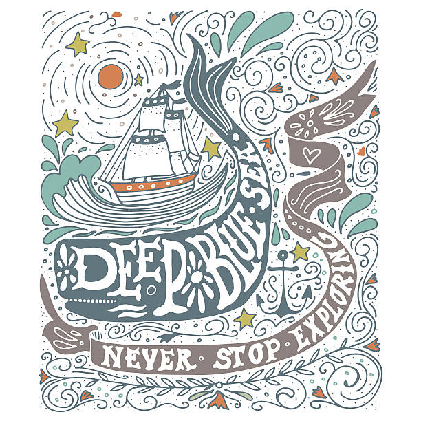 수작업 빈티지 라벨, 발송, 고래 및 letterin - nautical vessel wave pattern old fashioned summer stock illustrations