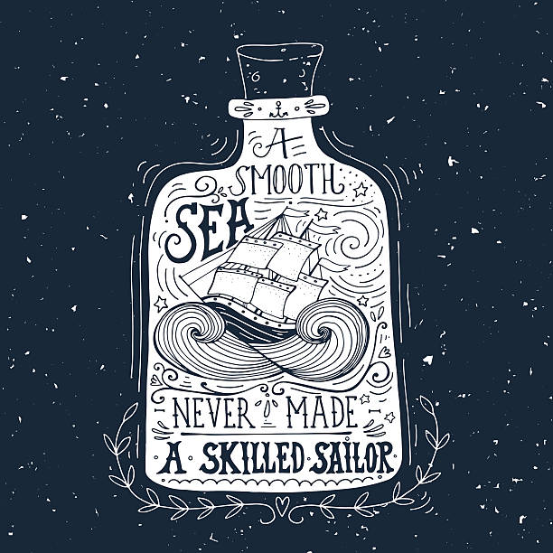 illustrations, cliparts, dessins animés et icônes de main dessinée étiquettes vintage avec un bateau dans une bouteille - ship in a bottle bottle sailing ship nautical vessel