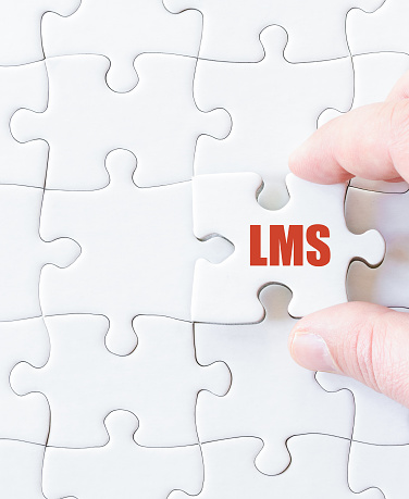 Missing jigsaw puzzle piece with text LMS.as Learning Management System. Business concept image for completing the puzzle.