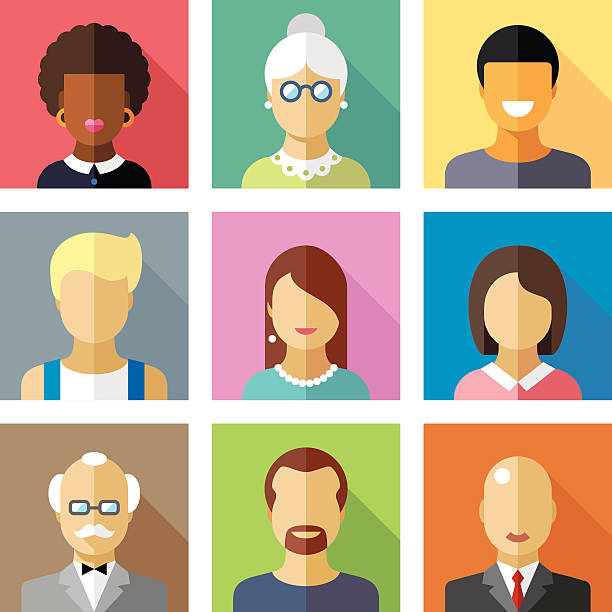 Color vector flat icon set and illustration different people character Color vector flat icon set and illustration different people character: female, male, child, boy, girl, grandmother, grandfather, student, businessman, housewife, hired worker stereotypical stock illustrations