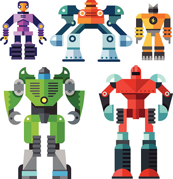 modern transformer robots Color vector flat icon set and illustrations modern transformer robots transformer stock illustrations