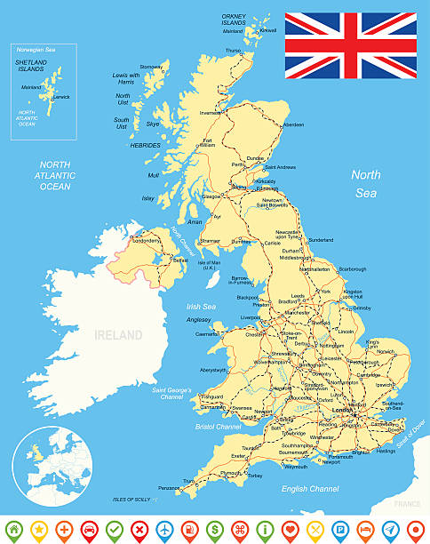 ilustrações, clipart, desenhos animados e ícones de mapa do reino unido, bandeira, ícones de navegação, estradas, rios-ilustração - uk map british flag england