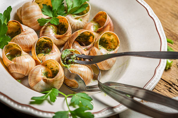 gros plan de manger des escargots au beurre à l'ail frit - garlic butter snail garlic herb photos et images de collection