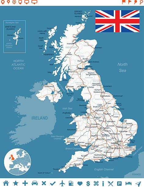 united kingdom map, flag, navigation labels, roads - illustration - manchester city 幅插畫檔、美工圖案、卡通及圖標