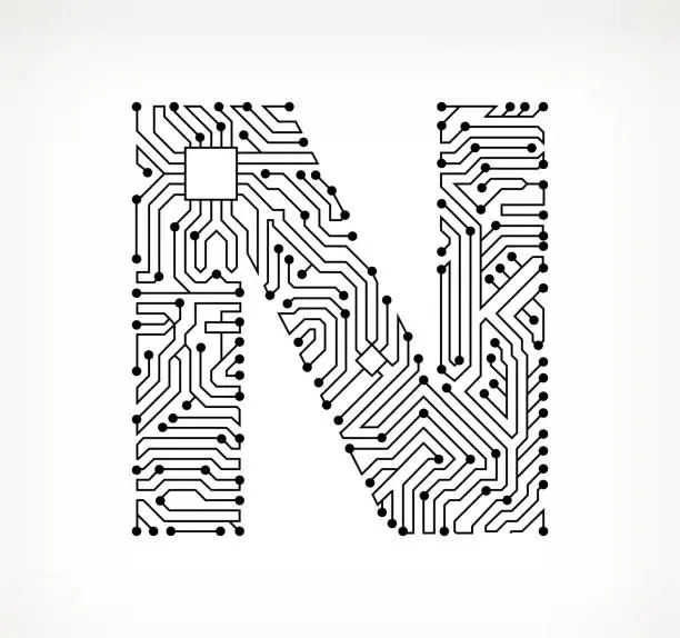 Vector illustration of Letter N Circuit Board on White Background