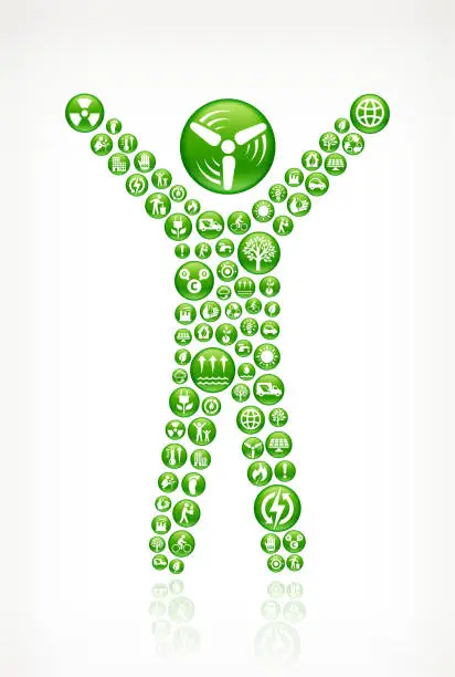 Vector illustration of Happy & Success Stick Figure on Green Energy Buttons