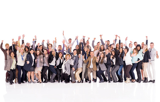 Large group of cheerful business people with raised hands celebrating their success and looking at the camera. Isolated on white.