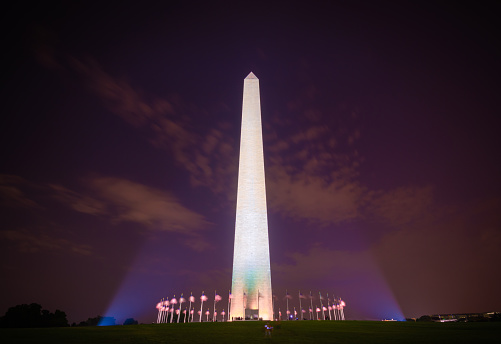 Washington Monument along National Mall in Washington, DC at night.