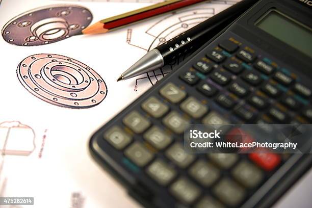 Scientific Calculator Pen And Pencil Over The Engineering Drawing Map Stock Photo - Download Image Now