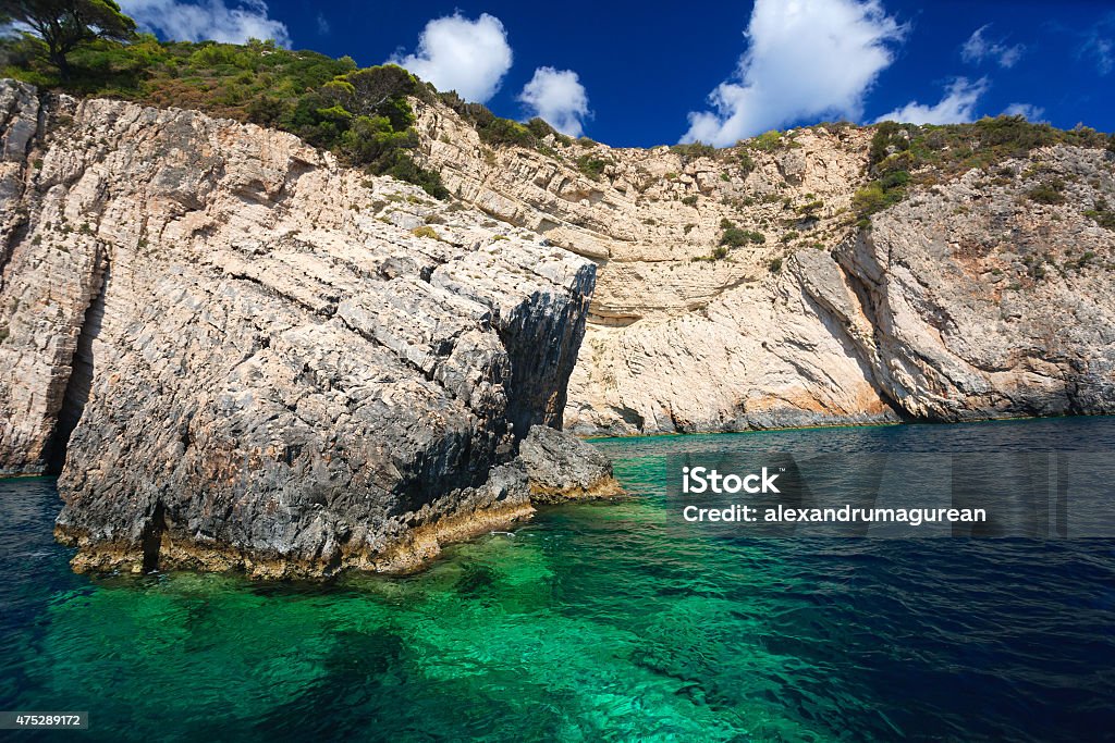 Blue Caves Cave formation on Marathonissi, a small island near Keri - Zakynthos- the southernmost island of the Ionian archipelago in Greece. 2015 Stock Photo