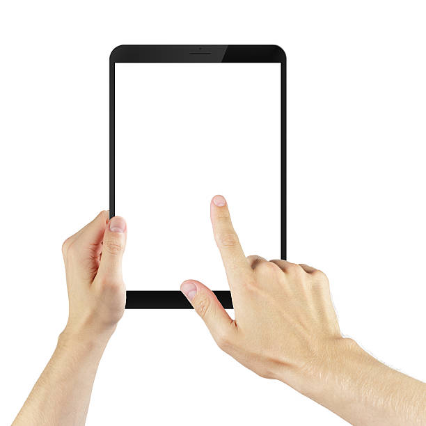 istock adult man hands using tablet pc with white screen, isolated 475297560