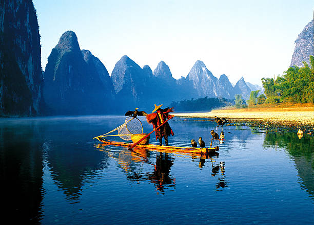 Fisherman on the Li River in Guilin Fisherman on the Li River in Guilin yangshuo stock pictures, royalty-free photos & images