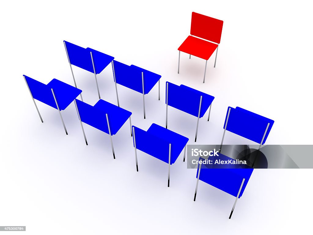 Illustration of planning in the company. Illustration of leadership in the company. One red and four blue chair. 2015 Stock Photo