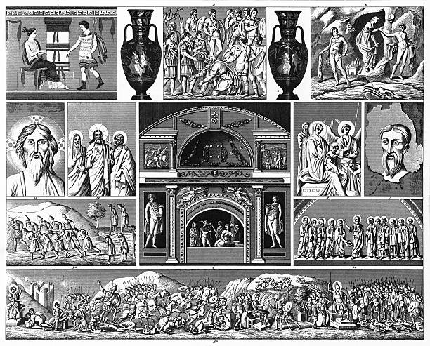 ilustraciones, imágenes clip art, dibujos animados e iconos de stock de antigua y medieval antes de pintura y mosaicos de grabado - mosaic ancient greek culture greek mythology