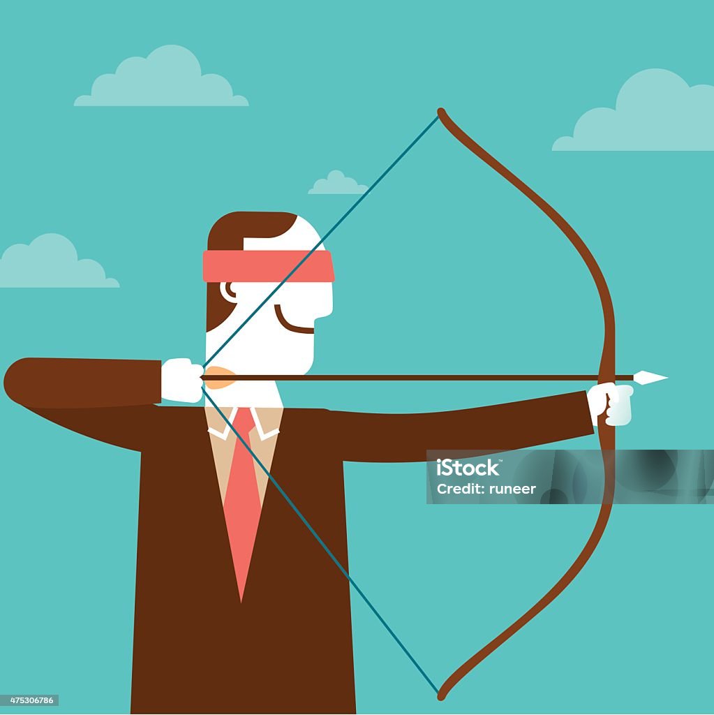 Blindfolded Businessman Archery | New Business Concept Business concept illustration of a blindfolded businessman / executive smiling and doing archery. 2015 stock vector