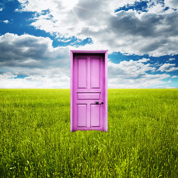 istock Field with pink door 475308800