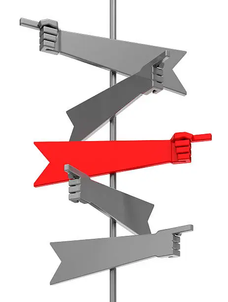 Directional arrows in forms of a hands, pointing to different ways, one of them is red. 