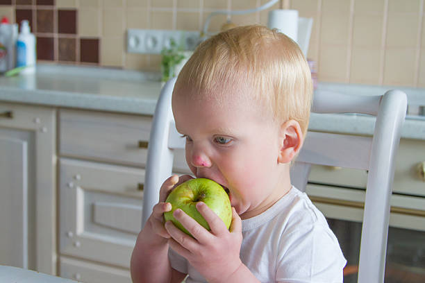 istock Toddler boy eating apple in the kitchen 475313736