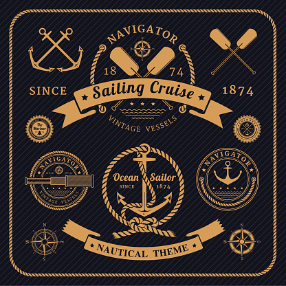 Vintage nautical labels set on dark background. Icons and design elements.