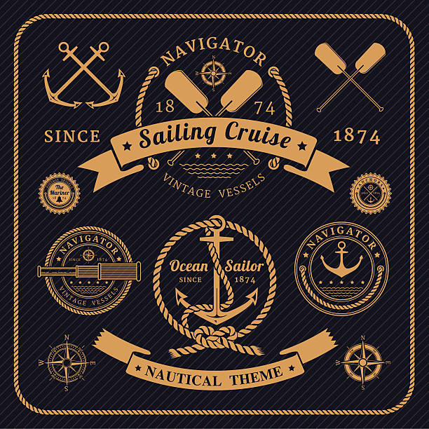 Vintage nautical labels set on dark background Vintage nautical labels set on dark background. Icons and design elements. anchor vessel part stock illustrations