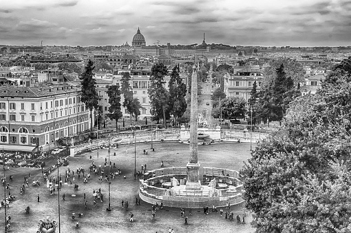 Aerial View of Piazza del Popolo, one of the largest urban squares in Rome, Italy