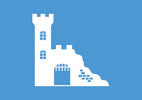 White castle ruins on blue background