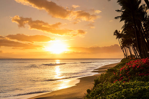 Warm tropical sunset on Kaanapali Beach in Maui Hawaii stock photo