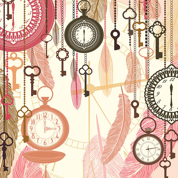 ilustrações, clipart, desenhos animados e ícones de fundo vector vintage com bolso relógios e de penas - pocket watch watch clock pocket