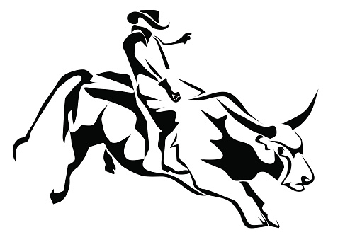 bull riding. silhouette cowboy and bull isolatd on white