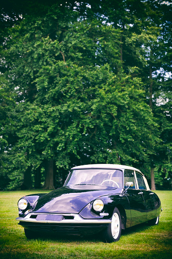 Black and white French classic car parked in a field in a park. The classic car was considered as a modern futuristic design when it was introduced in 1955.