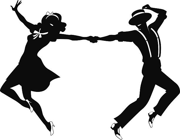 Dancing couple silhouette Black vector silhouette of a couple dancing swing or tap dance, no white objects, EPS 8 musical theater stock illustrations