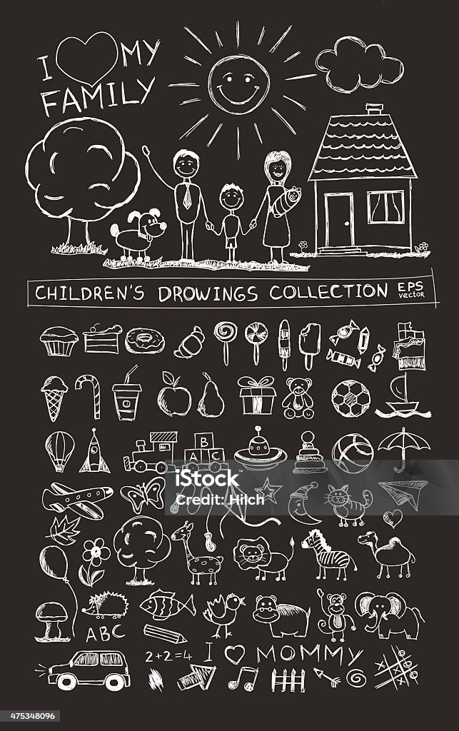 Child hand drawing illustration. School blackboard sketch image vector doodles Child hand drawing illustration of happy family with kids near home, sun, dog. School blackboard sketch image of children pencil painting vector doodles set: sweets, lollipop, food, baby toys, animals Chalk - Art Equipment stock vector
