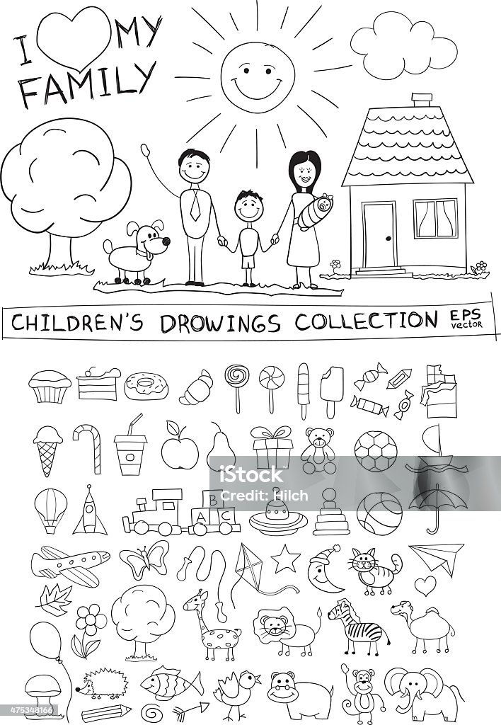 Child hand drawing illustration. Line graphic sketch vector doodles set Child hand drawing illustration of happy family with kids near home, dog, sun. Line graphic sketch image of children pencil painting in vector doodles set: sweets, lollipop, food, baby toys, animals. Child stock vector