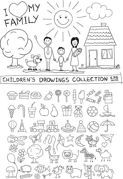 Child hand drawing illustration. Line graphic sketch vector doodles set Child hand drawing illustration of happy family with kids near home, dog, sun. Line graphic sketch image of children pencil painting in vector doodles set: sweets, lollipop, food, baby toys, animals. family designs stock illustrations